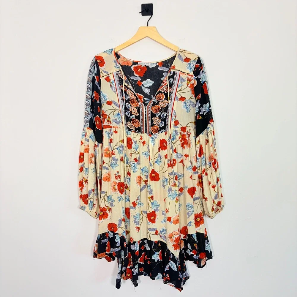 Patrons of Peace Floral Boho Mini Dress Small V-Neck Long Sleeve‎ Ruffle Hippie